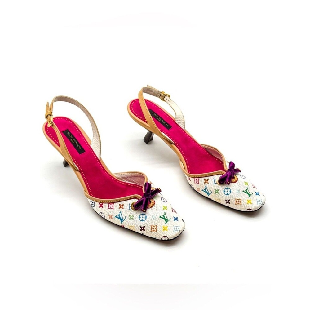 Louis Vuitton Takashi Murakami Vintage White Monogram Slingback Heels EU 38 US 8